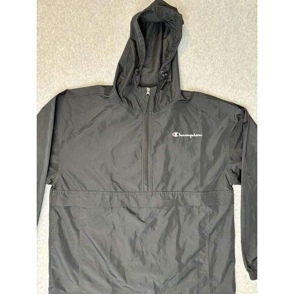 Vintage Black Champion Windbreaker With Hood Quarter Zip With Pockets Large - Picture 2 of 15